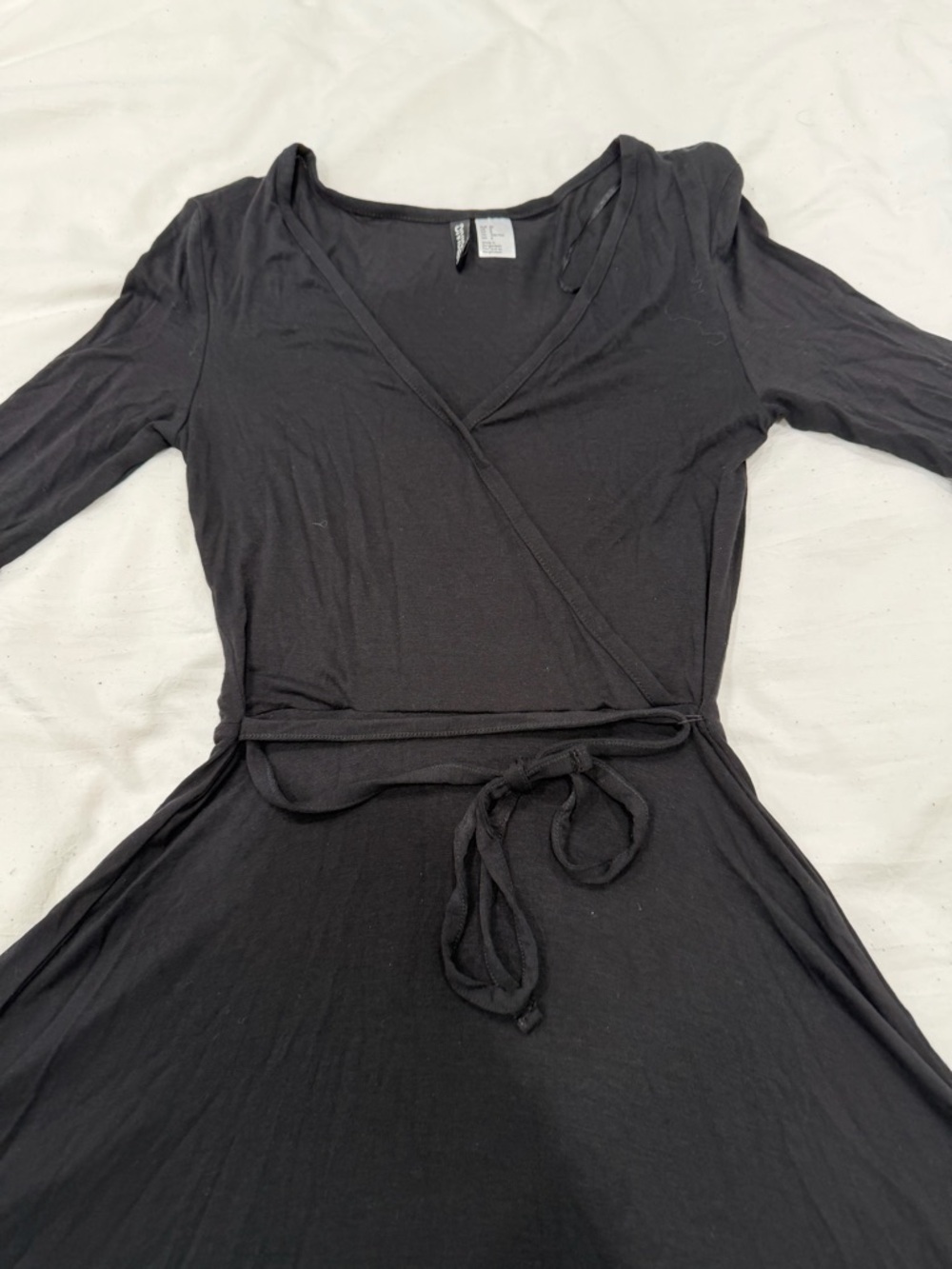 Divided Black Long-Sleeve Wrap Dress with Tie Waist - Picture 2 of 4